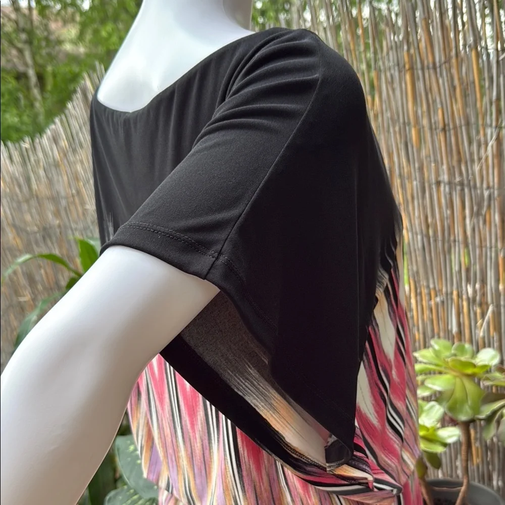 Maggy London Black Dress with Vibrant Pattern- Lined batwing flattering slipover - Picture 5 of 10